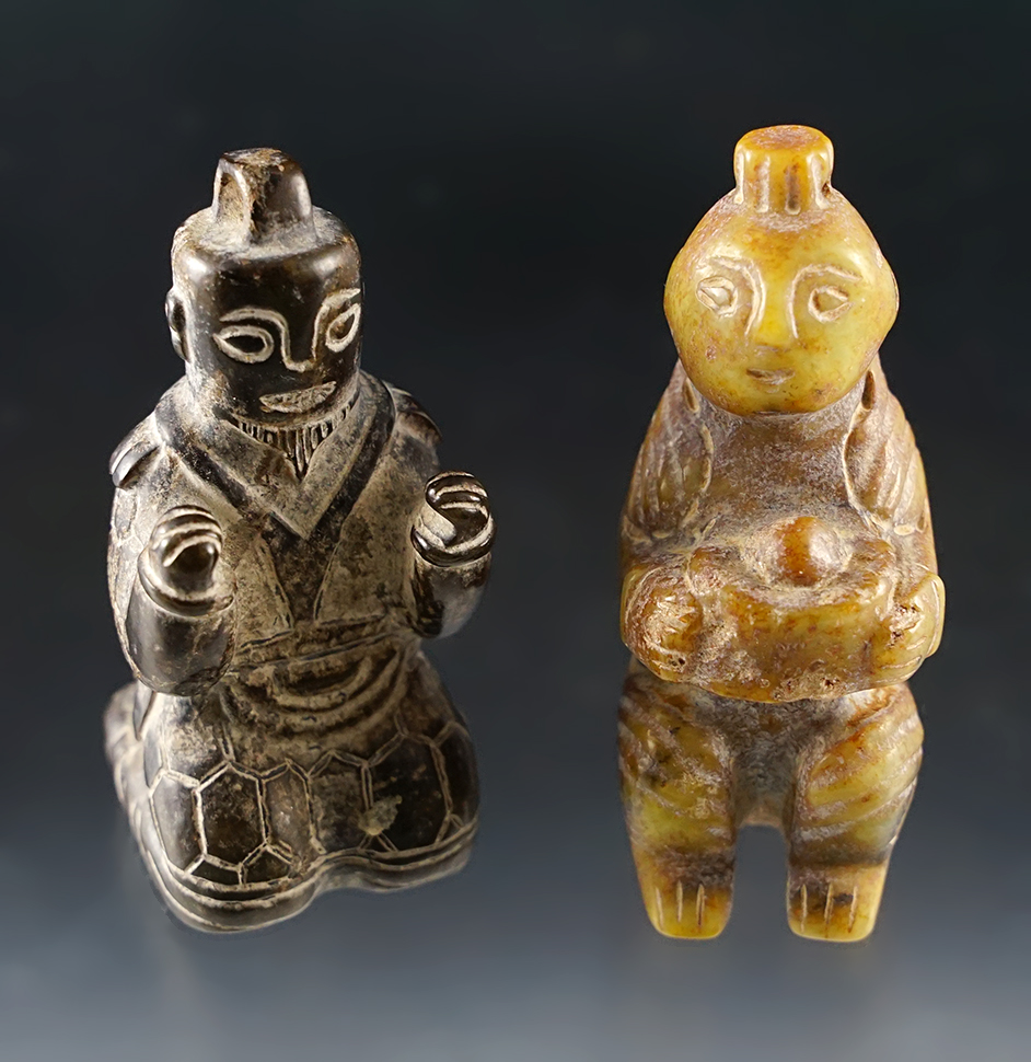 Pair of vintage hand carved Jade and Stone Figures recovered in Southeast Asia. Largest is 2 1/2". 