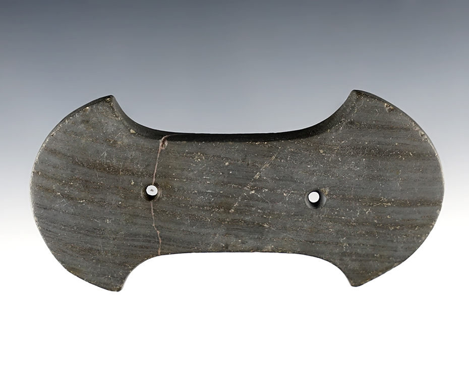 Well styled 4 1/4" Adena Bi-Concave Gorget - glued at one hole. Shelby Co., Indiana. Pictured.