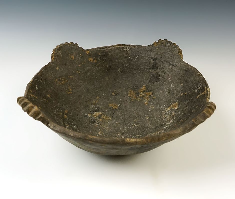 Excellent Style on this 9" wide x 3" tall Mississippian Bowl with scalloped protrusions at rim. 