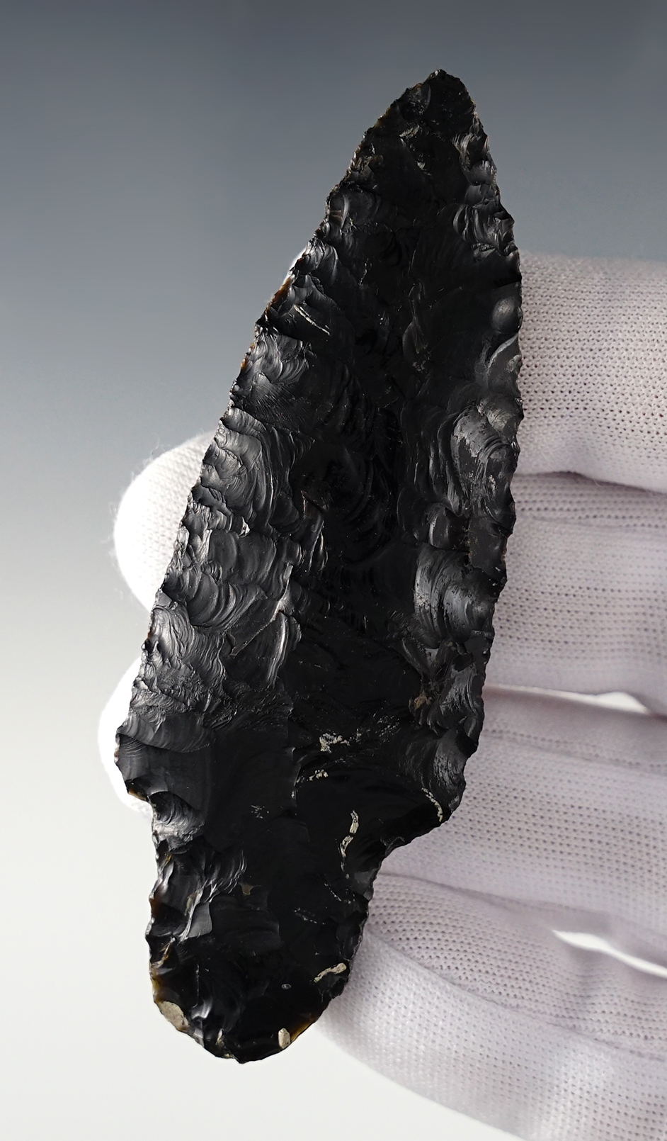 3 5/8" Parman made from Obsidian with nice patina. Found in Lake Co., Oregon. 