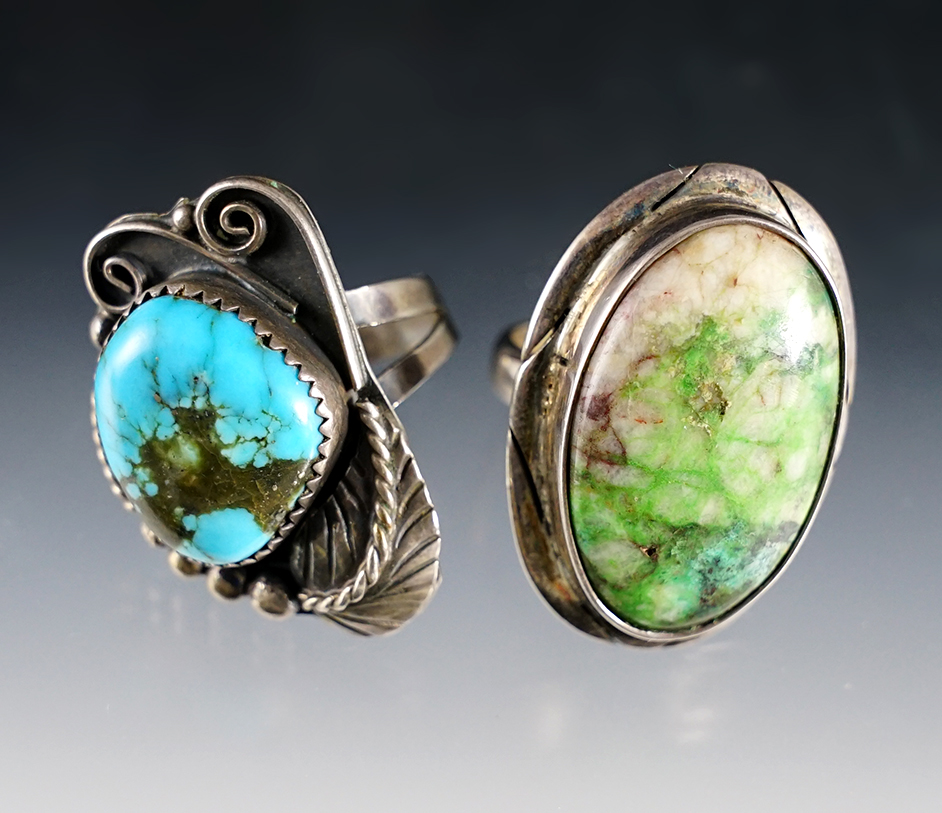Pair of vintage Navajo silver and turquoise rings.