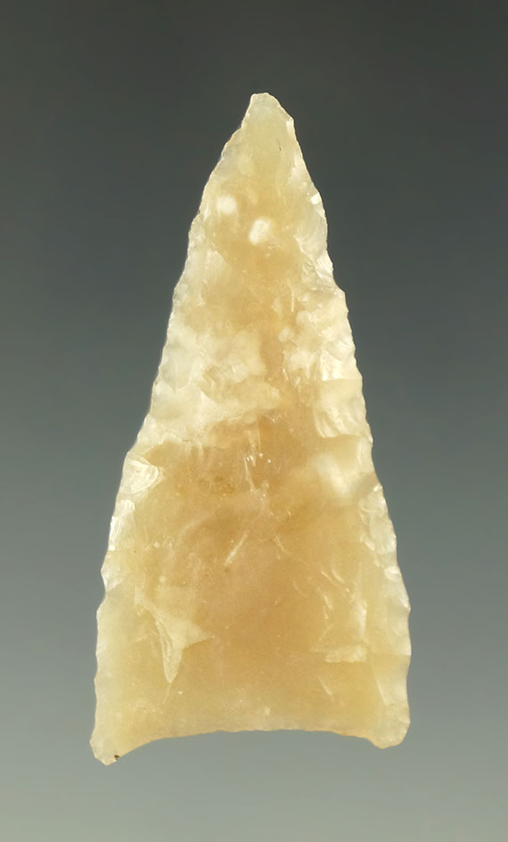 1 15/16" Tortugas point made from nicely translucent chalcedony found in Texas. Ex. Shewey.