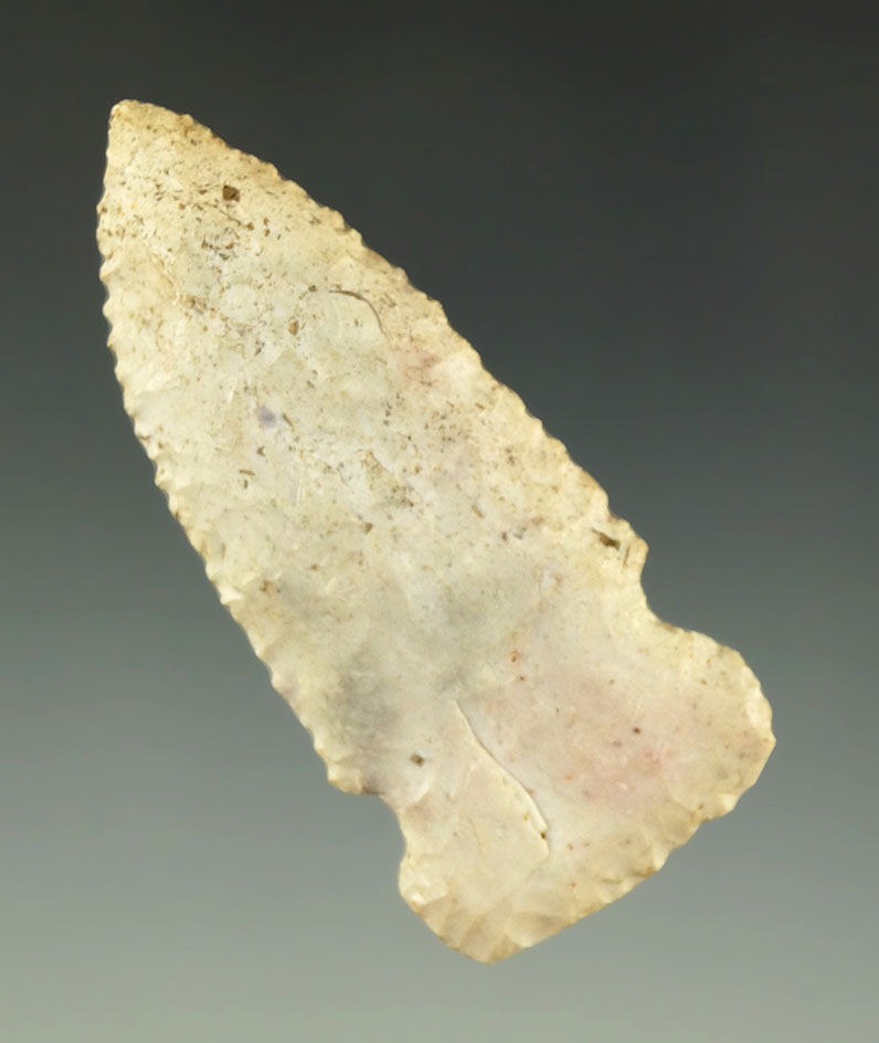 2 1/4" Godar point with nice micro-serrations to the blade edges. Found in Missouri.