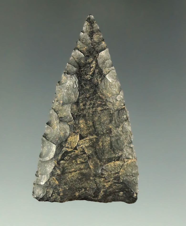 1 3/4" Tortugas point that is nicely flaked and well patinated. Found in Texas. Ex. Shewey.