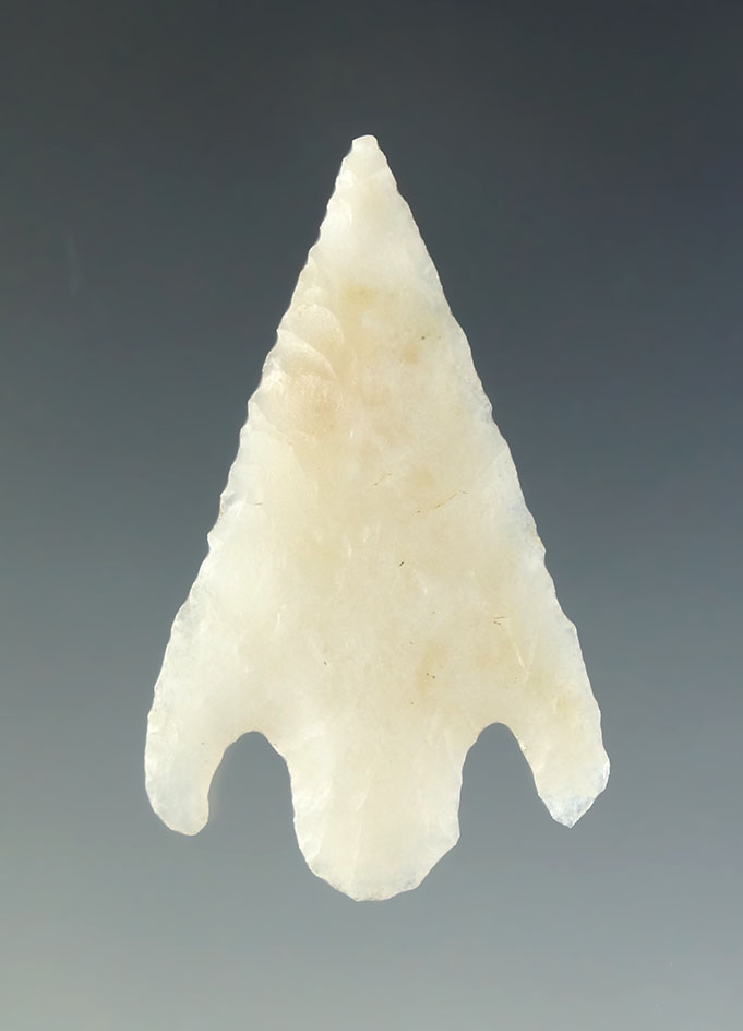 1 7/16" Shumla point that is perfectly flaked from semi translucent chalcedony found in Texas.