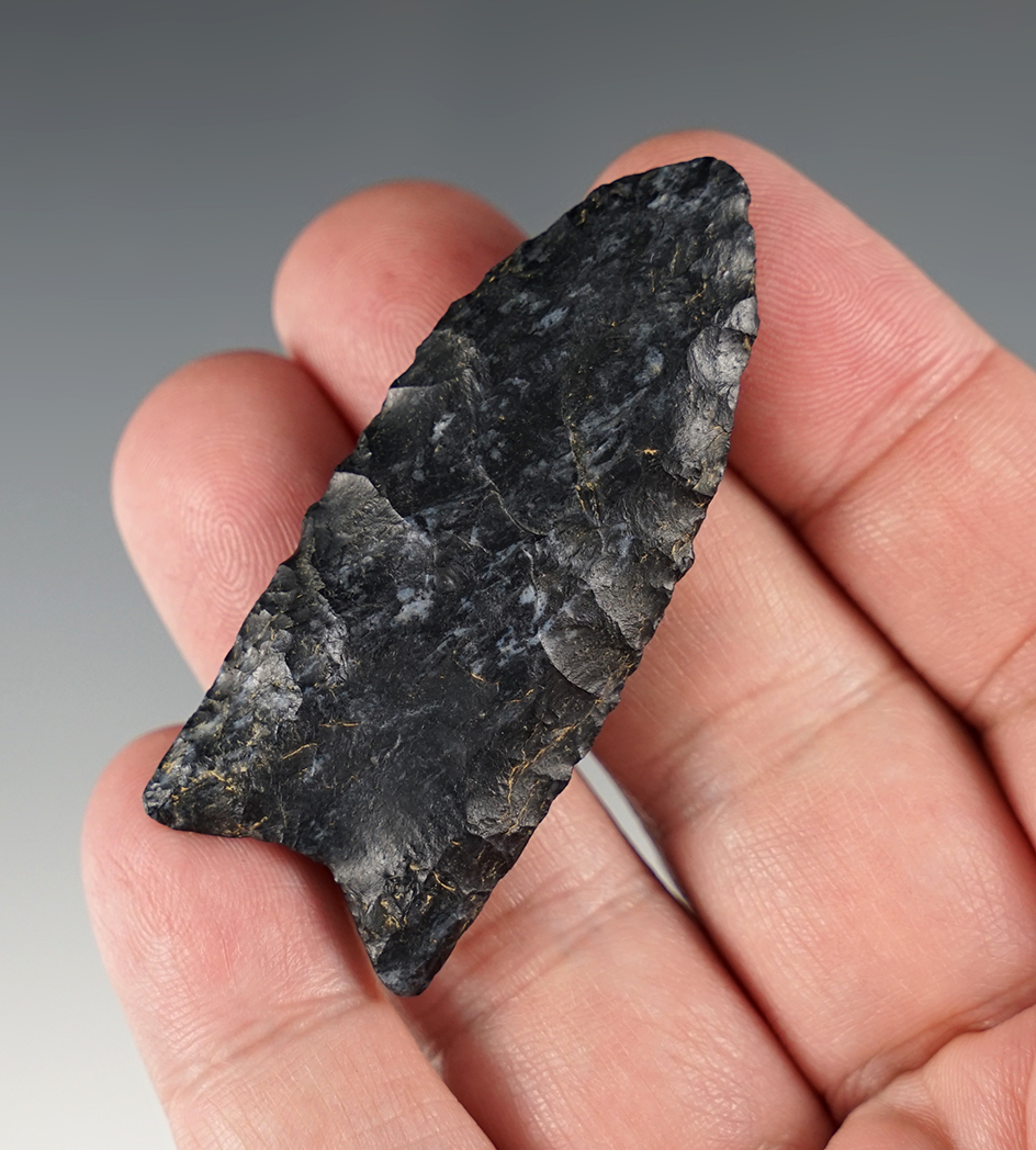 Fine 2 3/8" Fluted Paleo Clovis found by Jim Aldag in Thornville, Perry Co., Ohio. Ex. Shannon White
