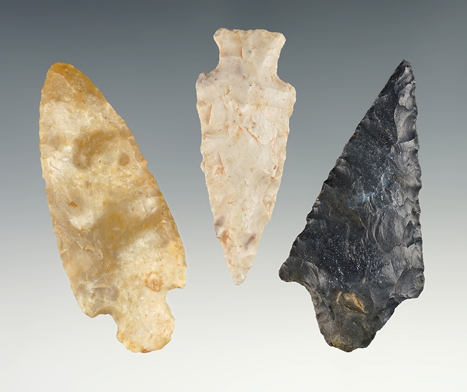 Set of 3 well made points found in various locations. The largest is 2 9/16".