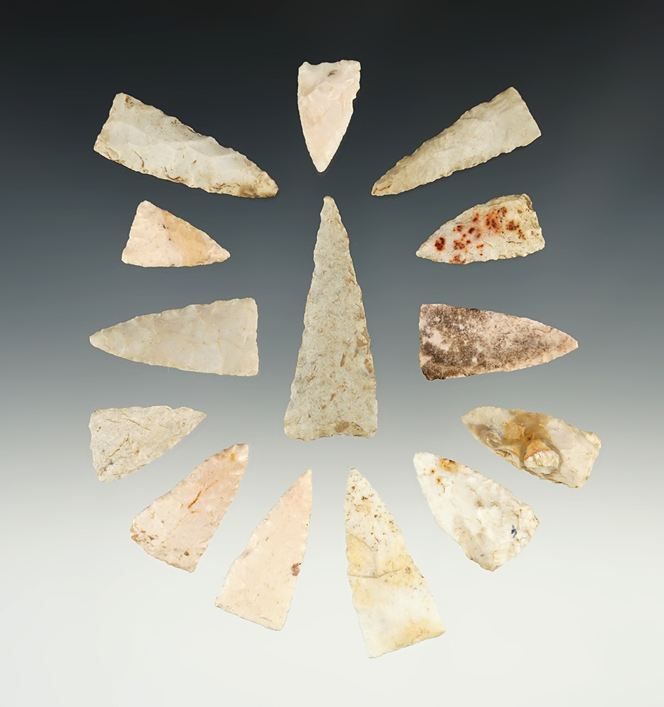 Set of 14 Triangle points found in the Midwest. The largest is 2 1/16".