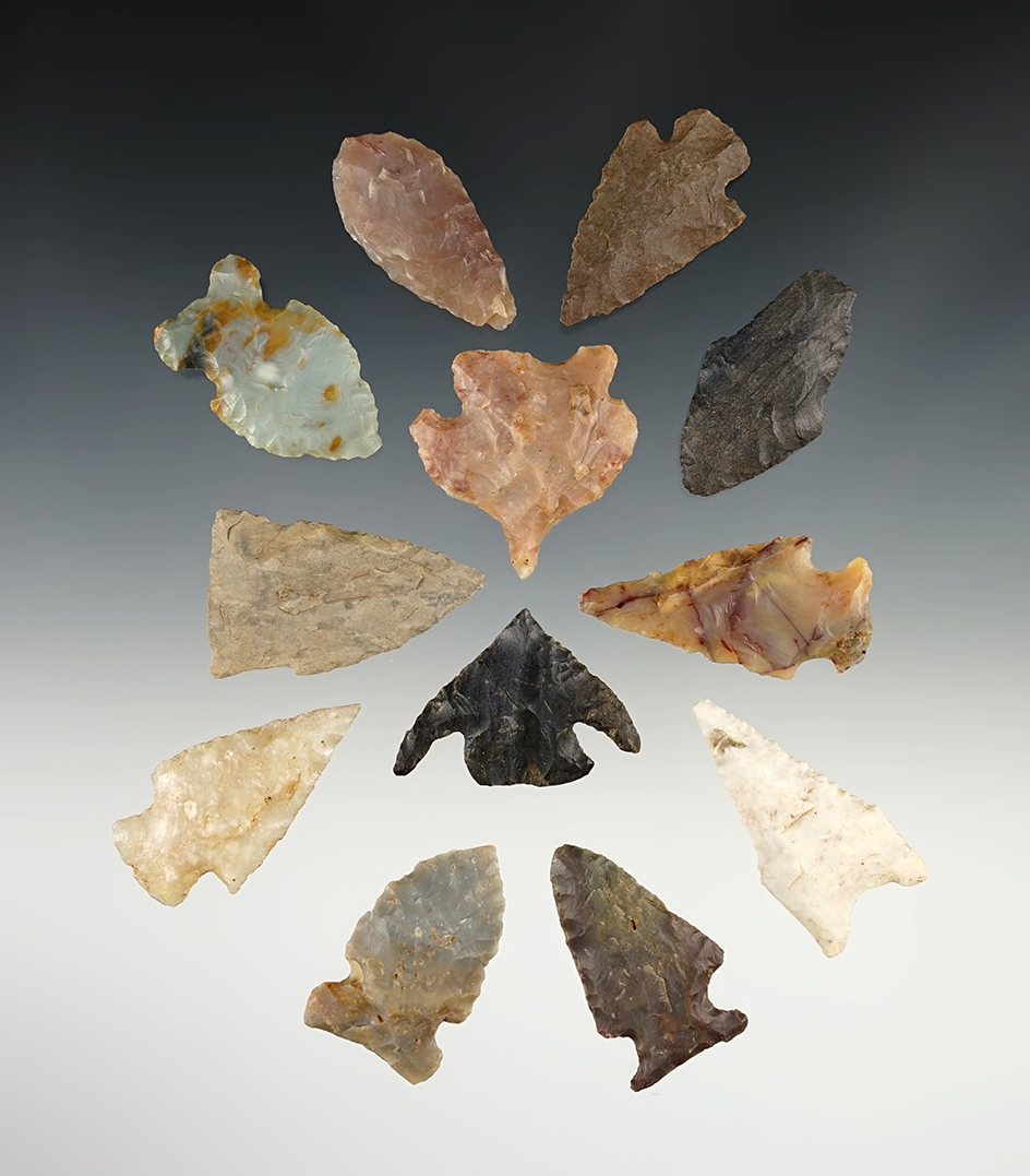 Set of 12 nice points found in various locations. The largest is 1 13/16".