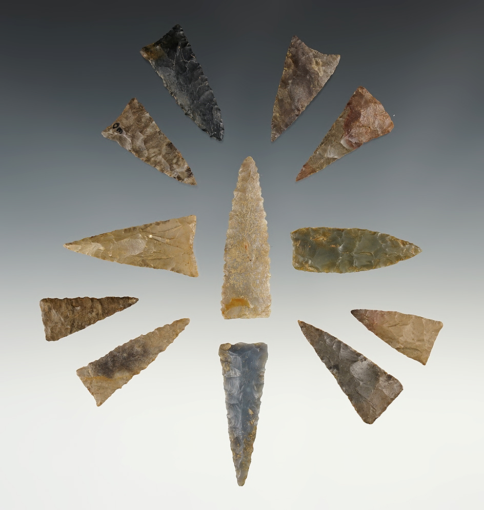 Set of 12  very well made Triangle points found by Joel Hennesee in Braken & Mason Co., Kentucky.