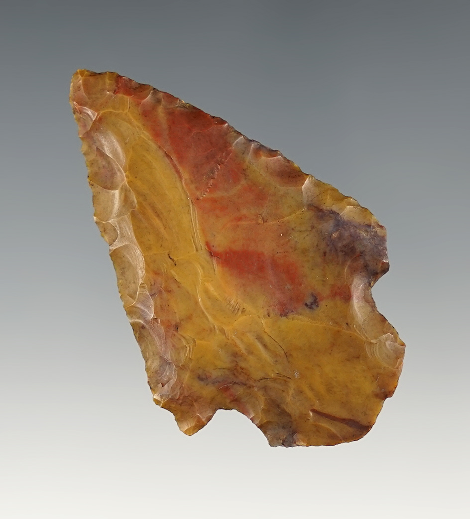 2 1/4" Highly patinated colored Flint Ridge clipped/fractured base Adena. Medina Co., Ohio.