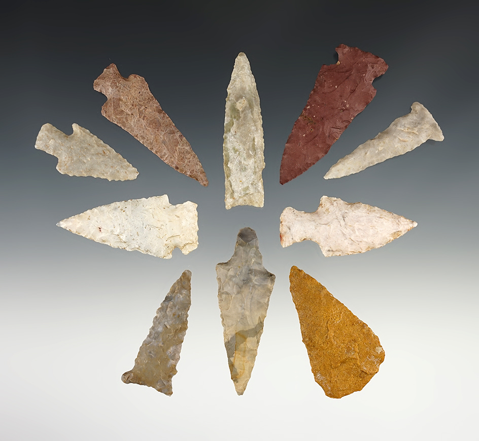 Set of 10 nice points found in various locations. The largest is 2 3/8".