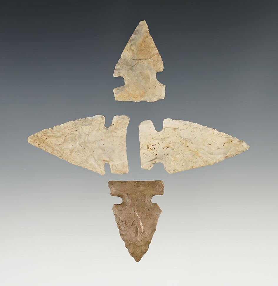 Set of 4 Nice Intrusive Mound points found in Fairfield Co., Ohio. The largest is 1 3/8". Ex. John L