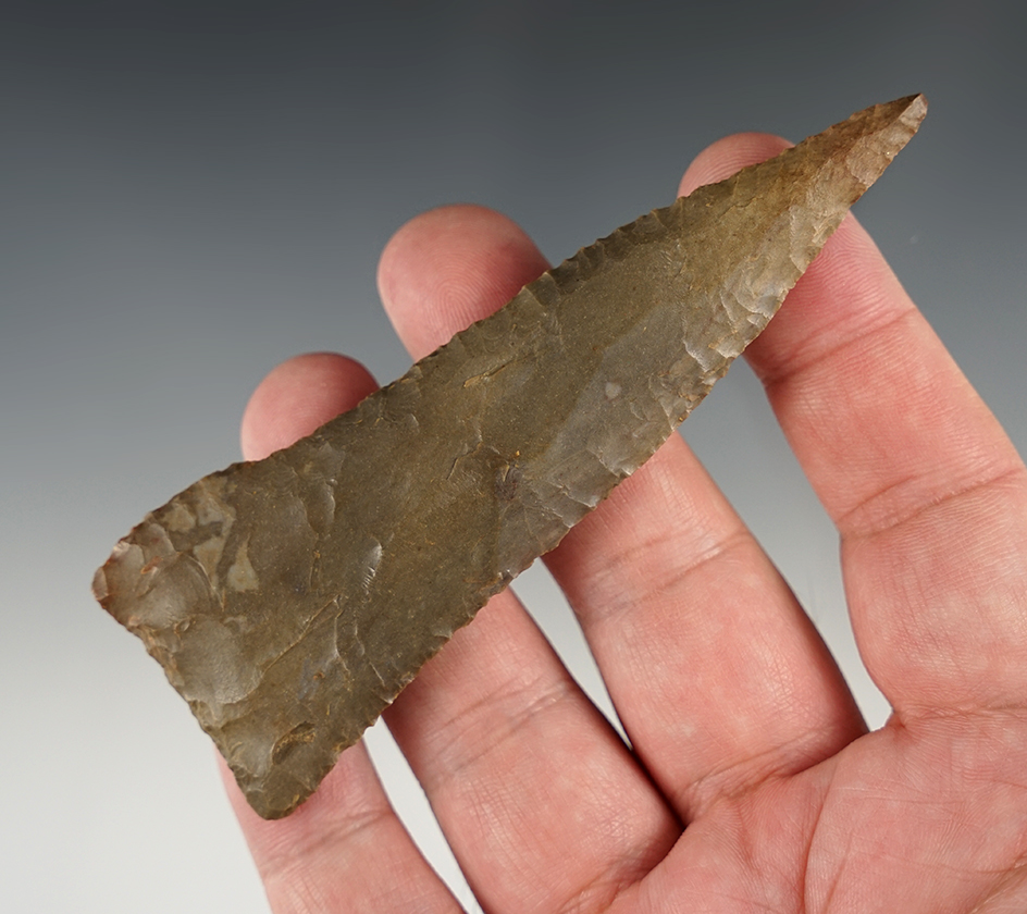 4 3/16" Triangular Blade with incredible edgework and flaking. Found in Metcalfe Co., Kentucky.