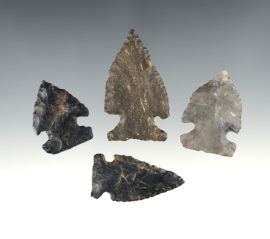 Set of 4 Nice Intrusive Mound points found in Fairfield Co., Ohio. The largest is 1 3/4". Ex. John L