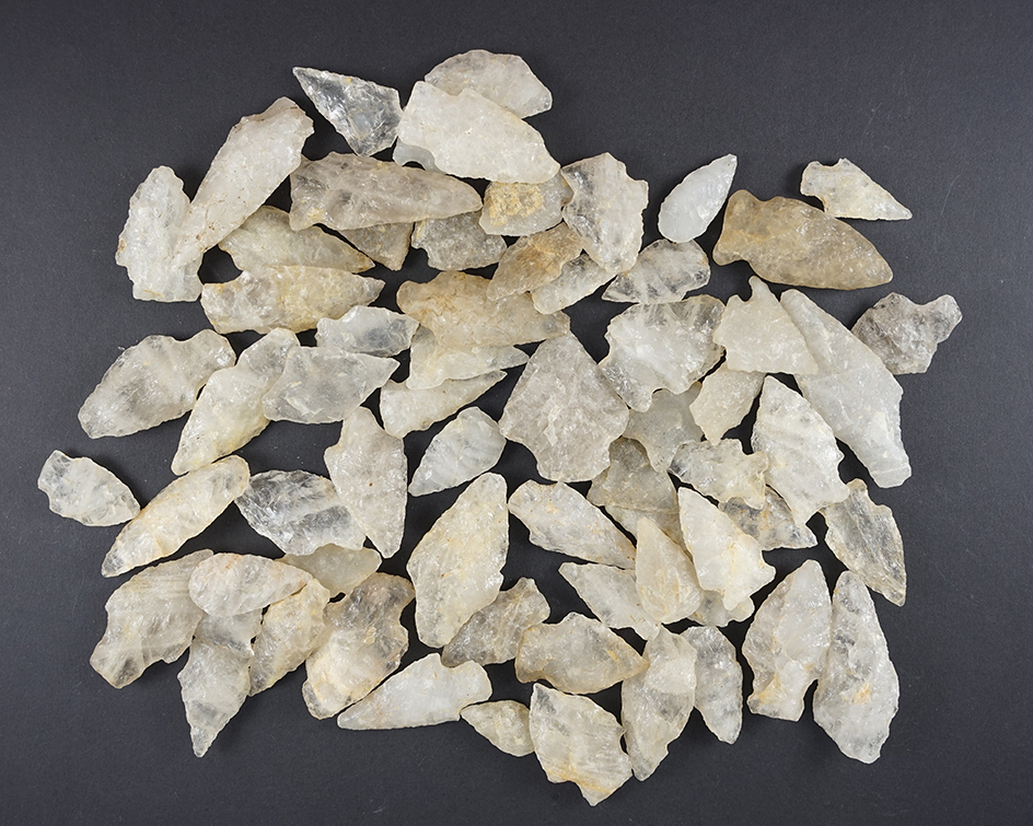 Set of 56 Quartz points found in the Eastern U.S. Most are in good condition. The largest is 2 1/2".