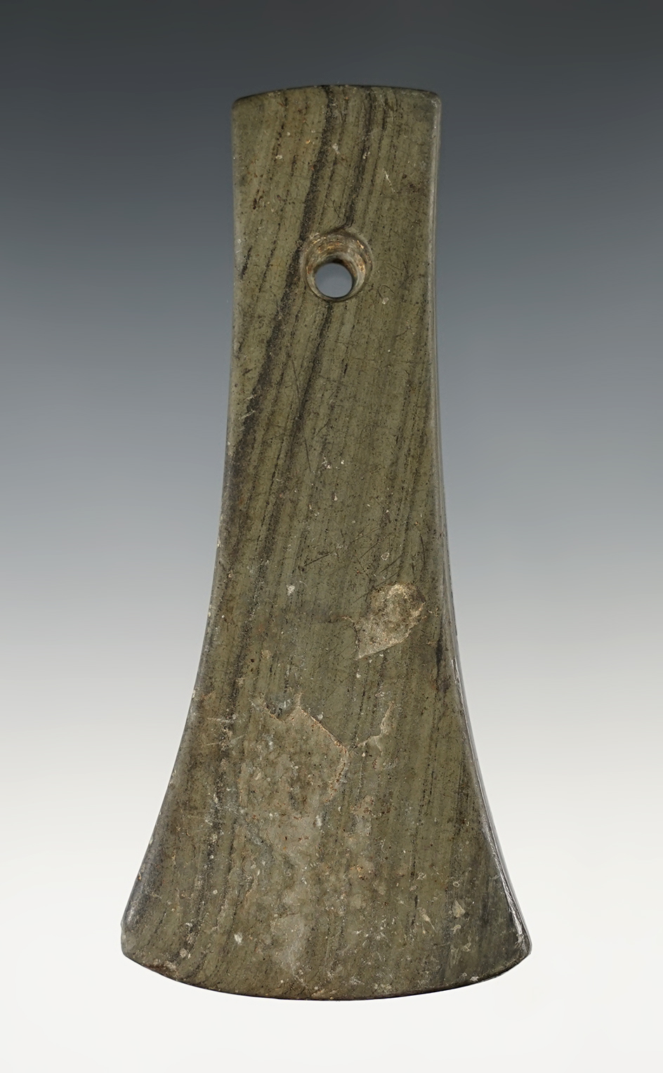 4 1/4" Adena Bell Pendant with restoration to one corner. Medina Co., Ohio. Ex. Williamson Collectio