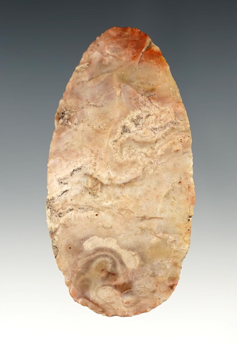 Colorful 3 1/8" Flint Ridge Flint Knife. Found on Flint Ridge by Jack Hooks, in 1972.