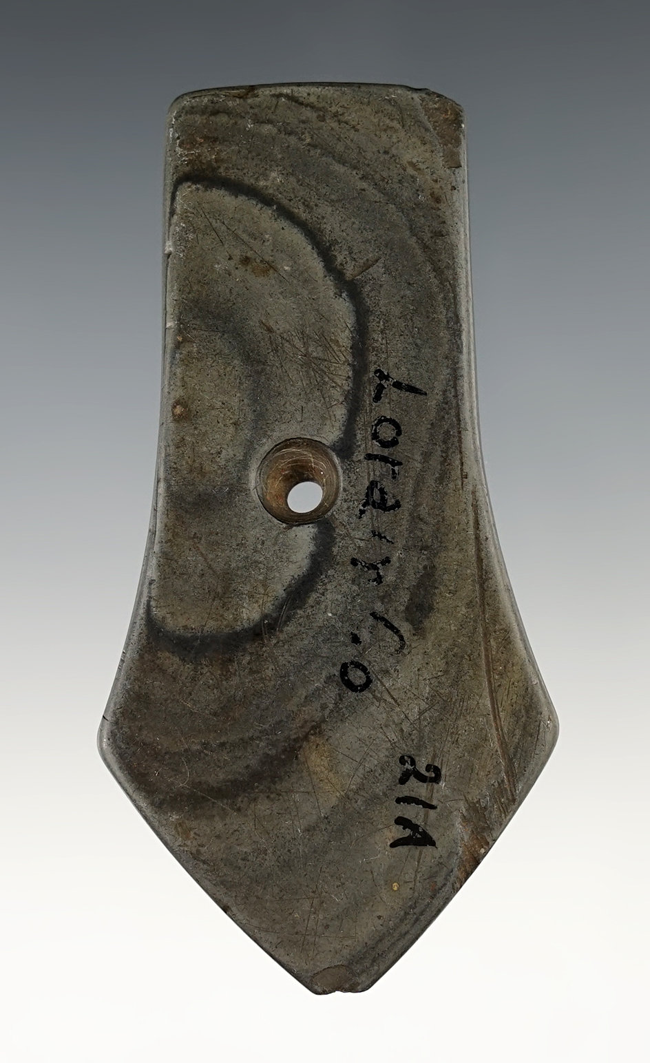 3 9/16" Hopewell Pentagonal Pendant - Banded Slate. Lorain Co., Ohio. Ex. Jack Hooks (#21A).