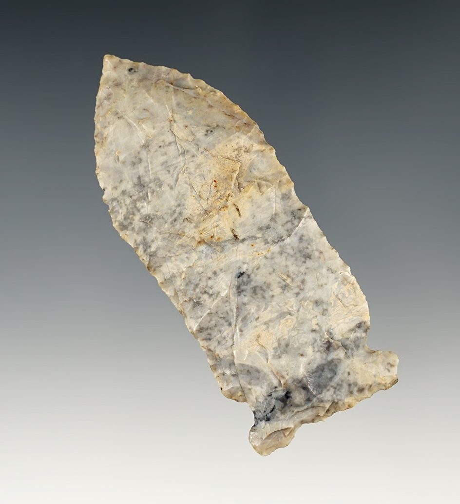 2 5/8" Archaic Needle Tip Pentagonal Sidenotch. Made from Coshocton Flint. Champaign Co., Ohio.