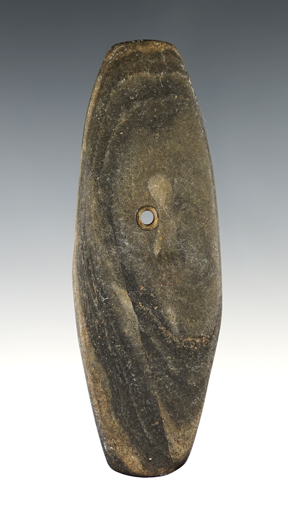 4" Hopewell Trapezoidal Pendant - Banded Slate. Found in Scioto Co., Ohio. Ex. Rummel, Chandler.