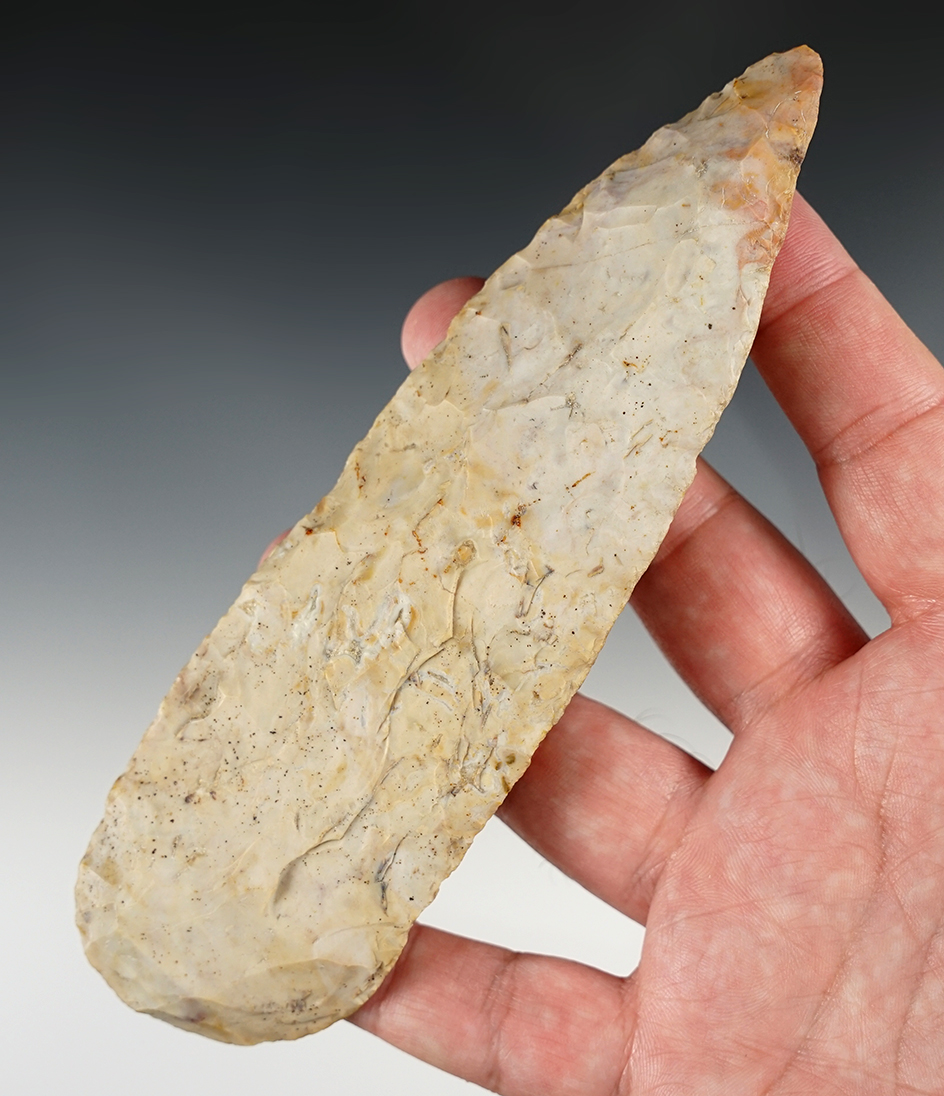 Large, 6 5/16" Archaic Knife found in Licking Co., Ohio. Made from Flint Ridge Flint. Ex. John Lutz.
