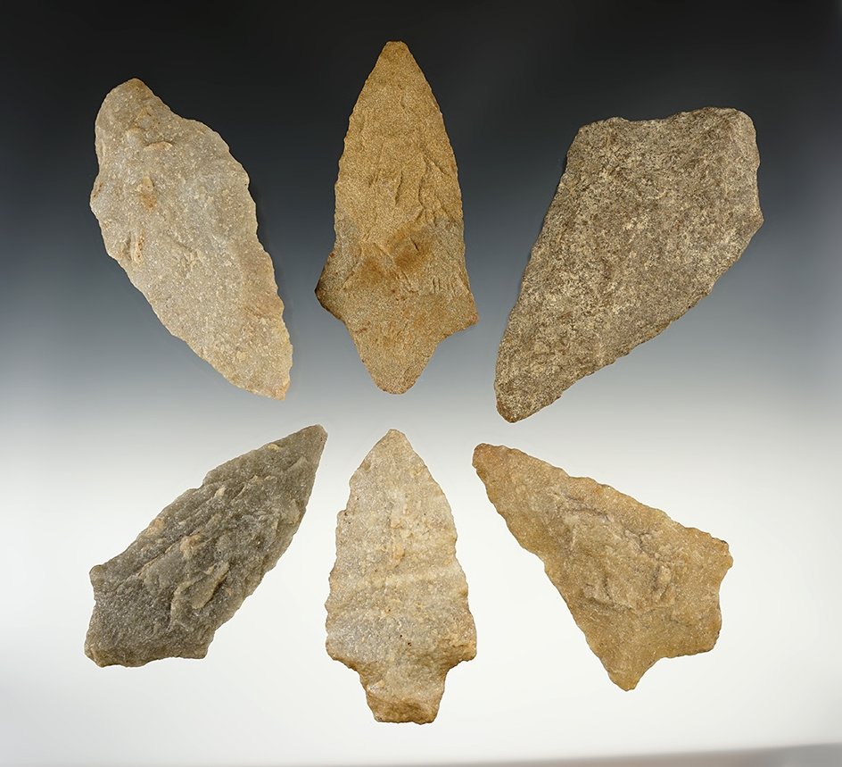 Set of 6 large points found in the Eastern U.S. The largest is 4 1/2".