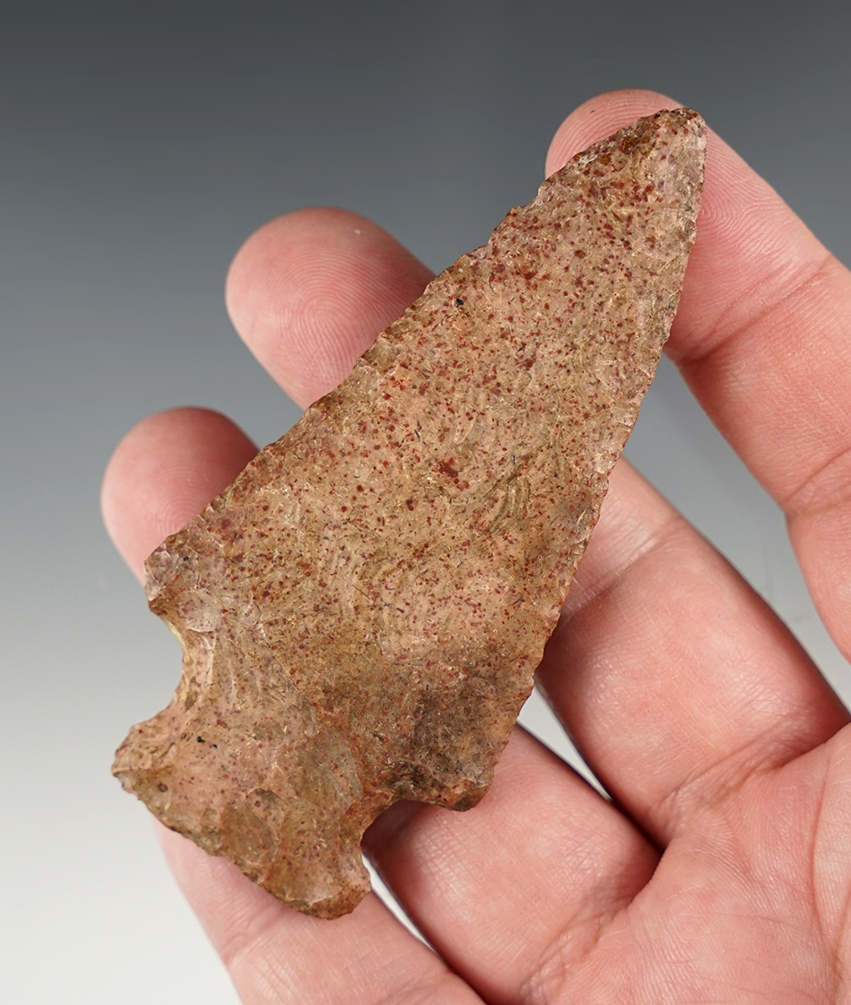 3 1/2" Attractive red and pink speckled Flint Hopewell. Highly patinated. Found in Tennessee.