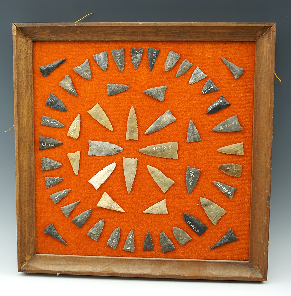 Frame of well made 51 Triangle points found by Jim Turney prior to 1961, Gallipolis, Ohio.
