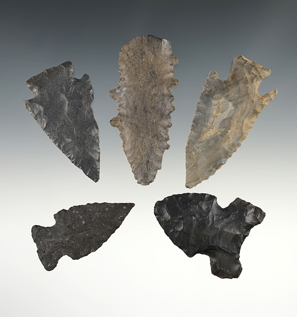 Set of 5 well made points found in various locations. The largest is 2 11/16".