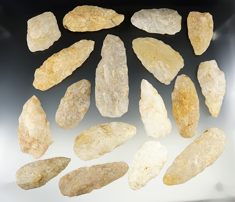 Set of 17 Quartz Blades found in the Eastern U.S. The largest is 4 3/8".