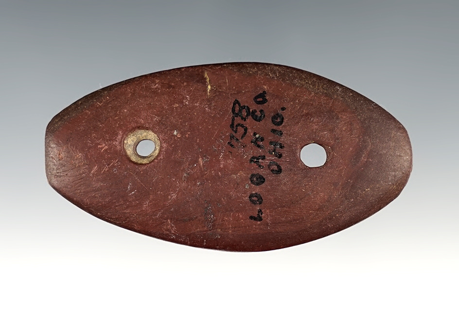Miniature 2 11/16" Glacial Kame Oval Gorget made from red Slate. Found in Logan Co., Ohio.