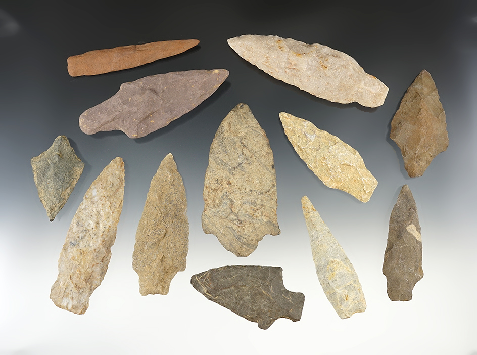 Set of 12 large points found in the Eastern U.S. The largest is 4".