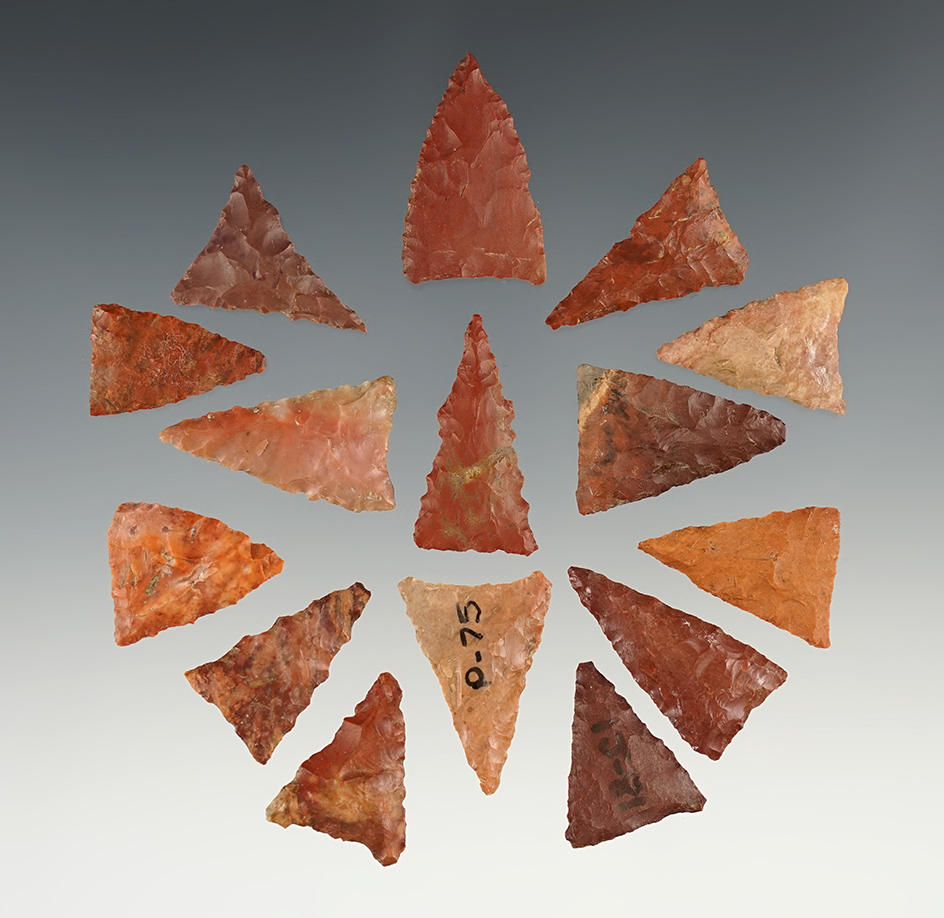 Set of 15 colorful Triangle points found in Kentucky/Tennessee. The largest is 1 1/8".
