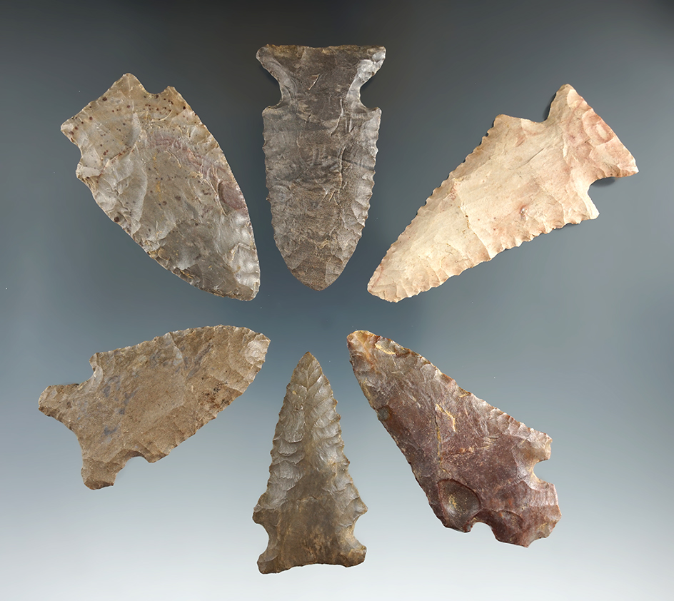 Set of six points and Knives found in Indiana, largest is 2 3/4".