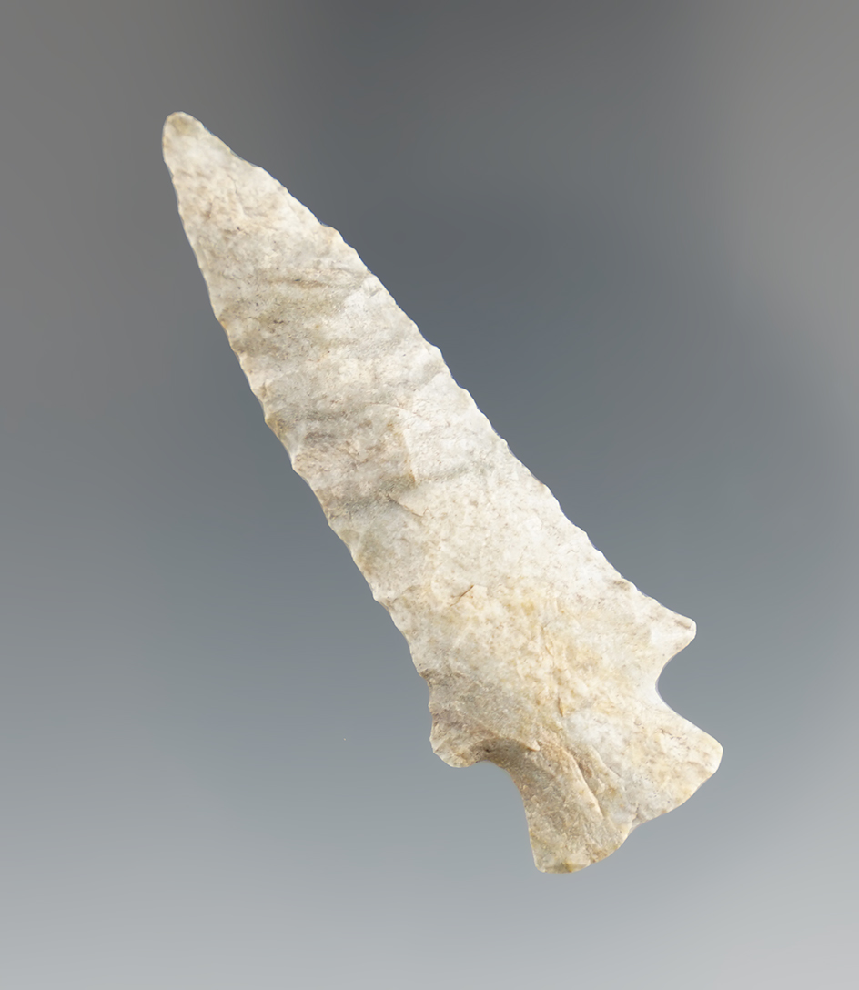 Nicely flaked and well styled 2 5/16" dart point made from Indiana Green Flint. Found in Indiana.