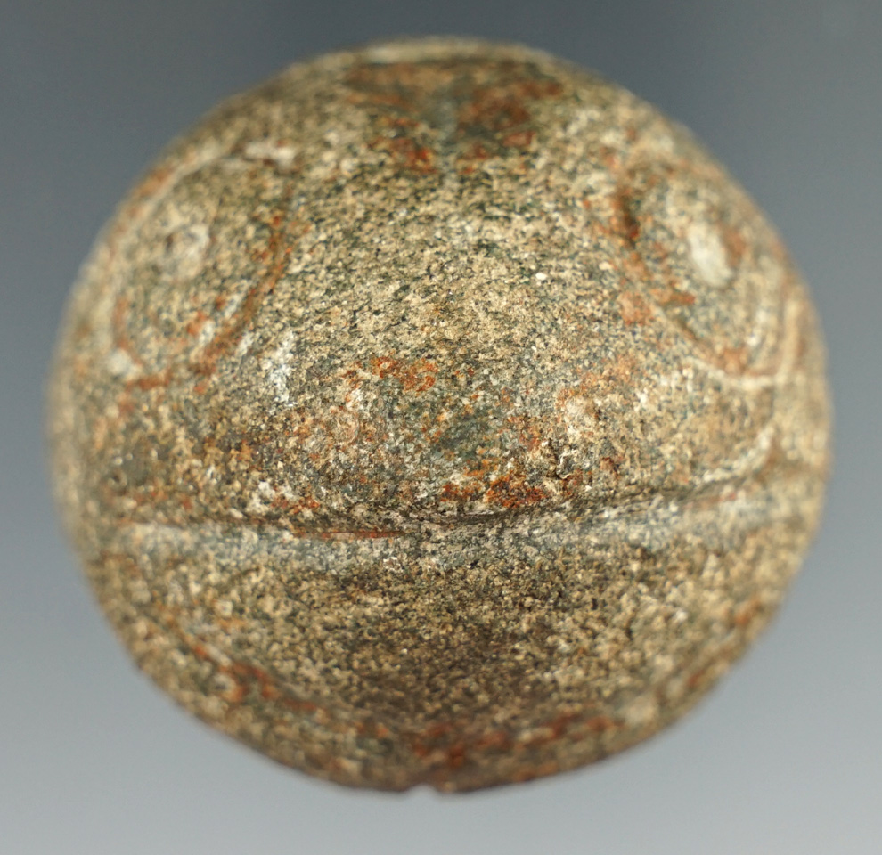 2 3/4" very unique pre-Columbian frog effigy clubhead that is fully grooved found in Peru.