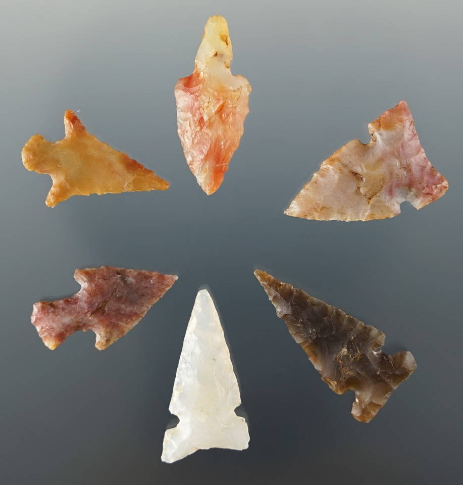 Six Texas bird points made from attractive materials, largest is 15/16".