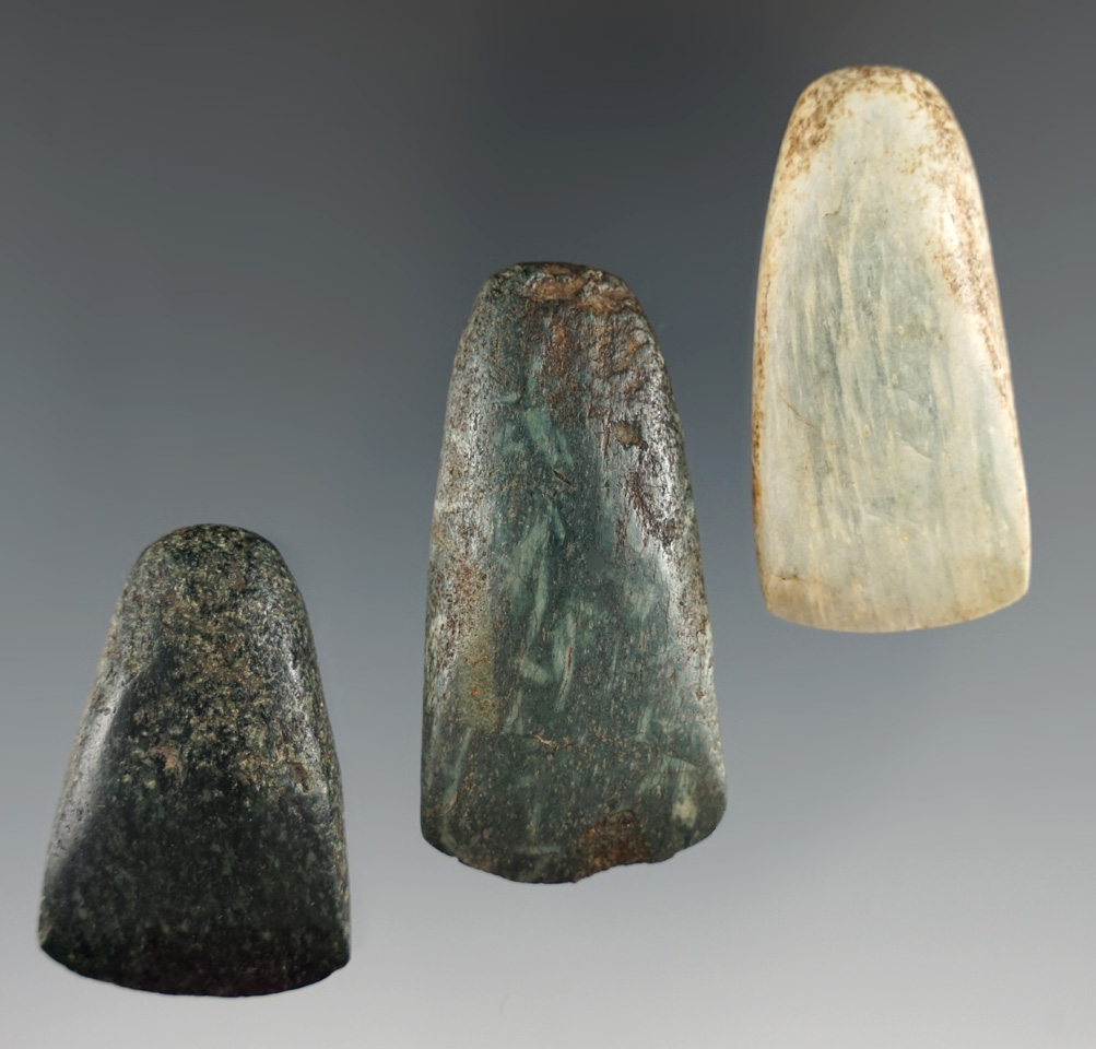 Set of three miniature nicely polished pre-Columbian Celts found in Mesoamerica. Largest is 2".