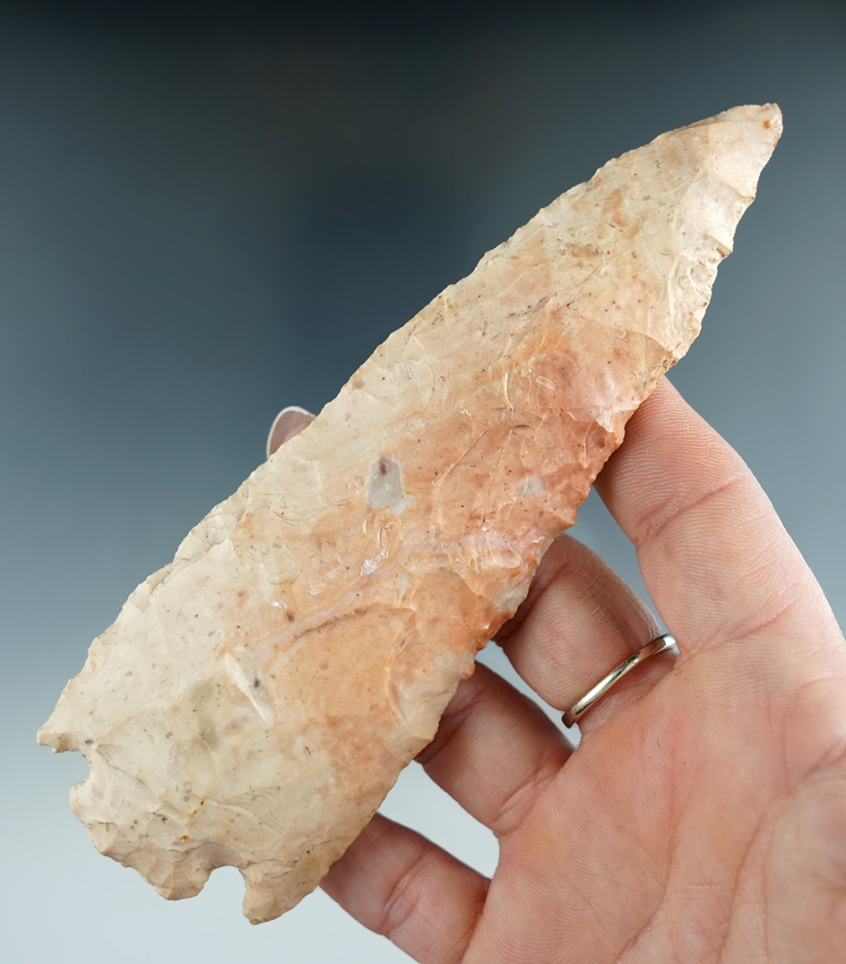 5 7/16" Archaic Cornernotch made from attractive pink and cream Burlington chert found in Illinois.