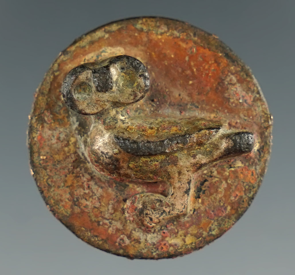 1 1/16" Moche culture pre-Columbian owl effigy made from mixed gold and copper.