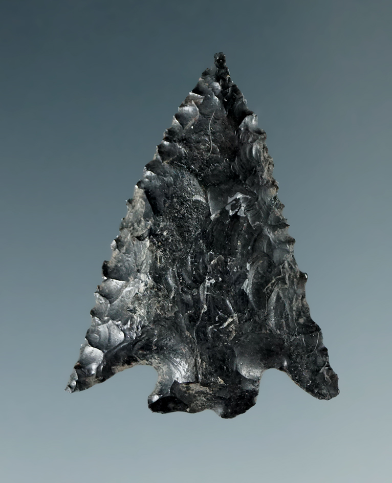1 3/8" Serrated Diagonal Notch made from Obsidian, found in the Great Basin, Oregon.