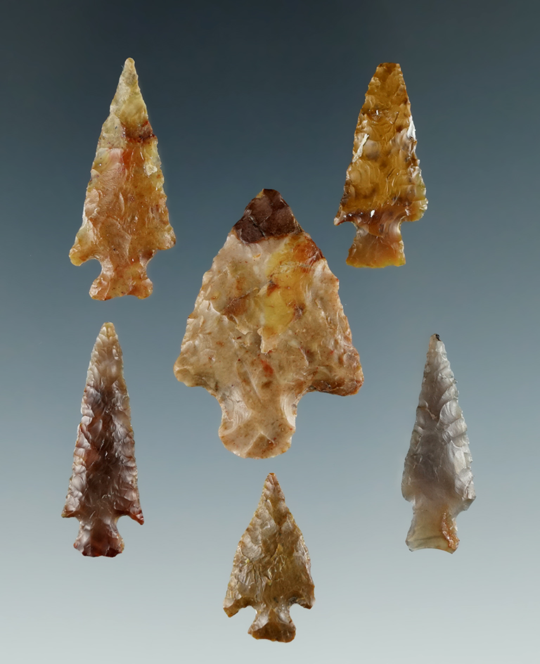 Group of 6 Columbia River Gempoints found near Vantage, Washington. Largest is 1 1/8".