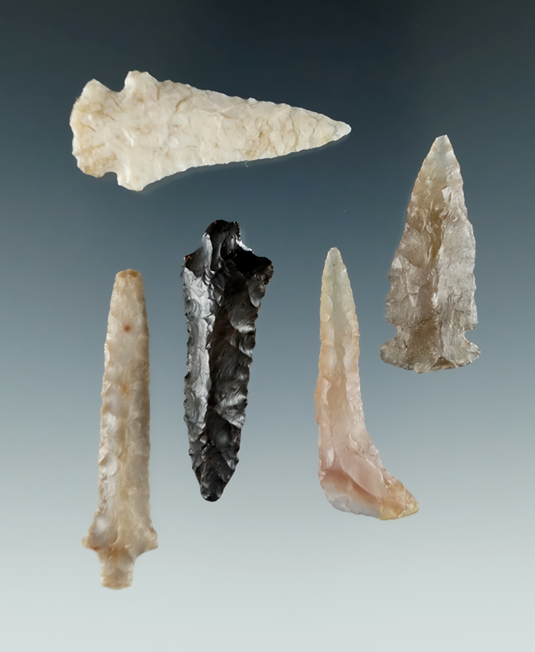 Set of 5 Columbia River Arrowheads, largest is 1 11/16".