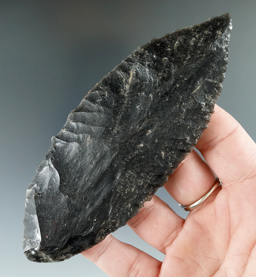 5" Obsidian Bi-Point Knife with nice edge flaking, found in the Great Basin, Oregon.