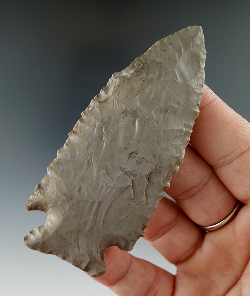 3 5/16" Stilwell with nice edge serrations, made from Hornstone. Found in Orange County Indiana.