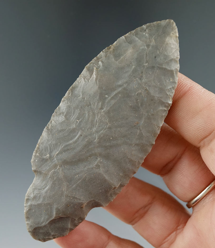 3 7/16" Adena made from attractive gray Hornstone found in Northern Indiana.