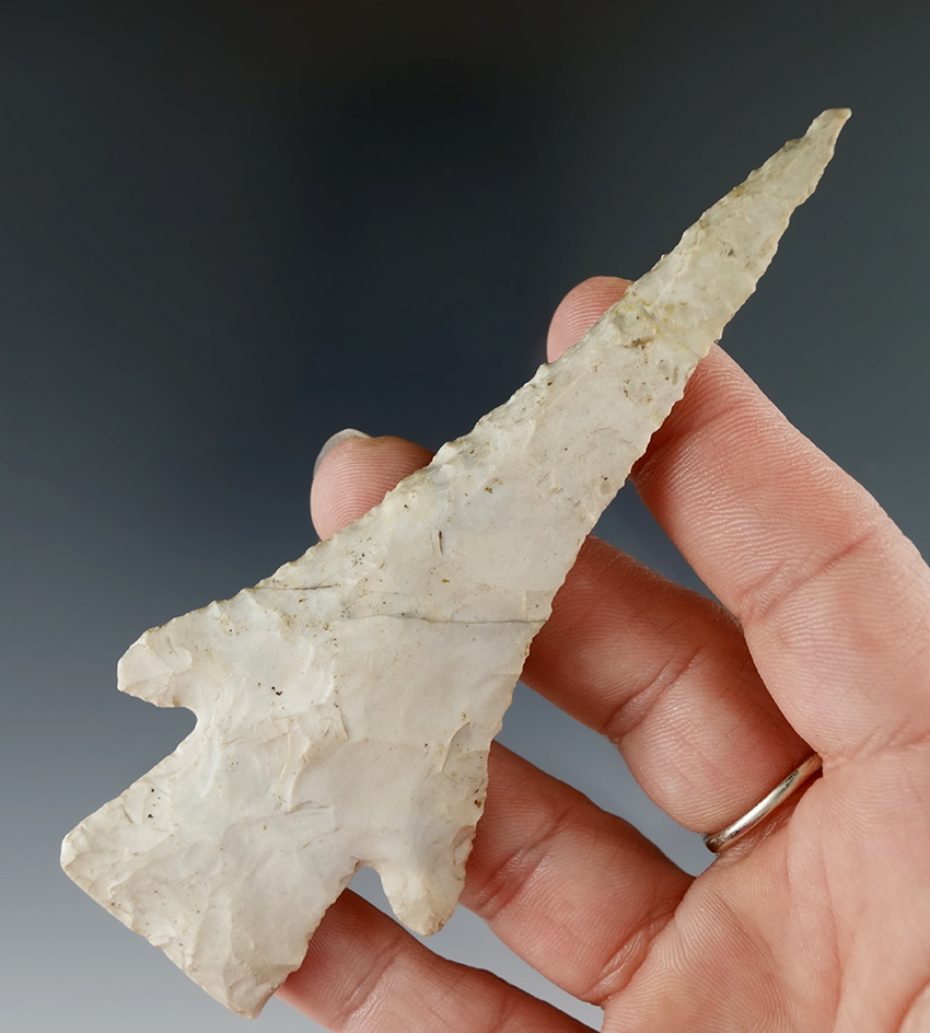 4 3/8" steeply beveled Hardin found in Union County Illinois. Broken and glued near Tip.