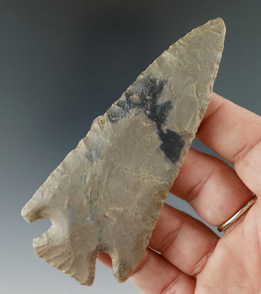 3 15/16" Lost Lake made from weathered Harrison County Flint, Daviess Co., Indiana. Perino COA.