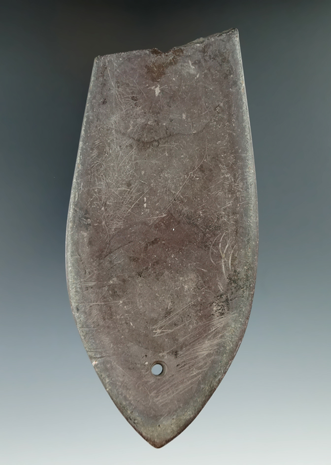 Large 5 7/8" broken Sandal Sole Gorget - Ohio/Indiana area made from brown slate. Bennett COA.